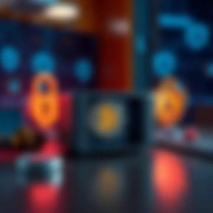 A cold storage device for Bitcoin on a table, surrounded by cybersecurity symbols like locks and shields, highlighting the importance of airgapping for security.