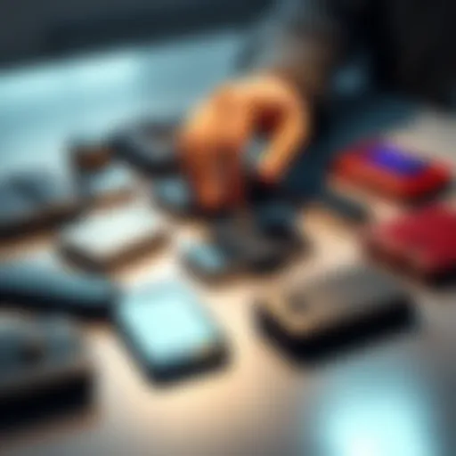 A selection of different cold wallet devices, including Ledger and other options, laid out on a table with a hand reaching for one.