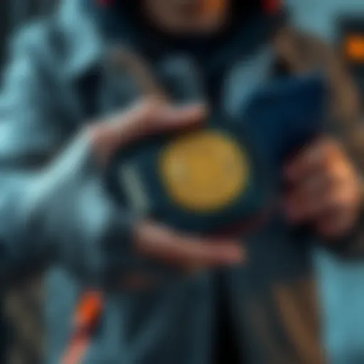 A person holding a cold wallet device for Bitcoin with an iPhone in the background