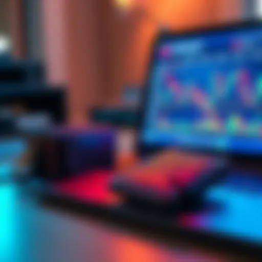 A cold wallet device sitting next to a laptop displaying cryptocurrency graphs.