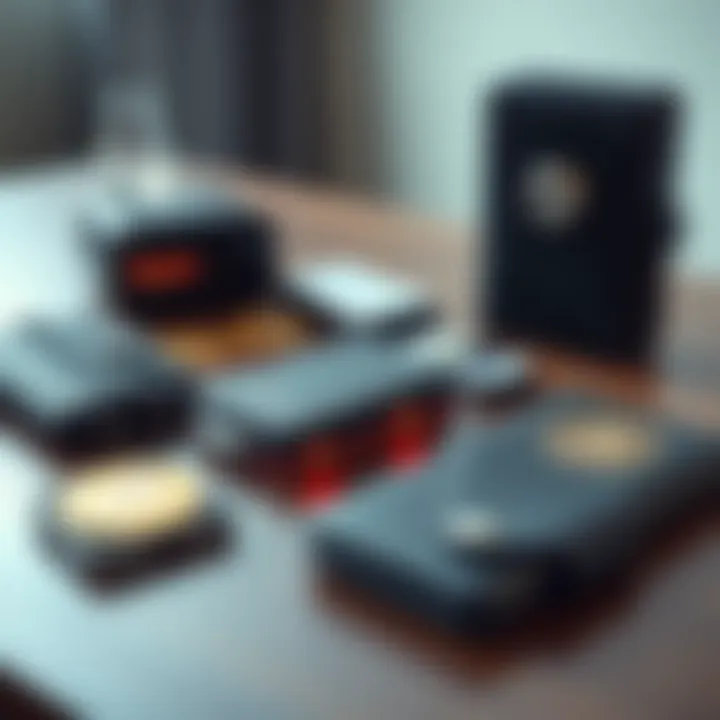 A selection of cold wallets on a table, highlighting the Trezor Safe 5 among other affordable choices under $100 for cryptocurrency security.