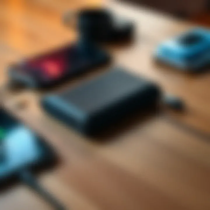 A cold wallet device resting on a wooden table with a smartphone and a power bank nearby, emphasizing battery life and durability.