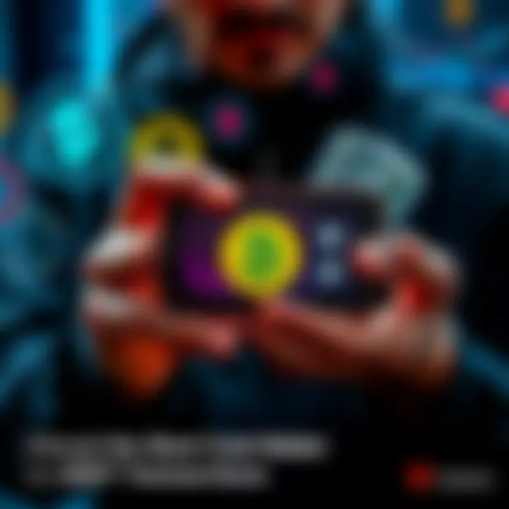 Cold Wallet for USDT A person holding a cold wallet device designed for secure cryptocurrency storage and transactions, with graphical representations of USDT and fiat currency in the background