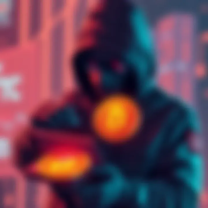 Illustration of a hacker accessing a digital wallet containing cryptocurrency, depicting security concerns in cryptocurrency transactions.