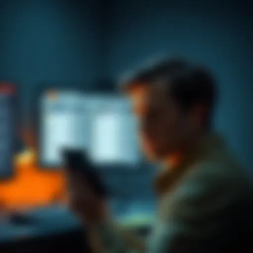 A concerned person looking at their Coldcard device with alarming emails on screen, showing anxiety about security breaches, in a dimly lit room.