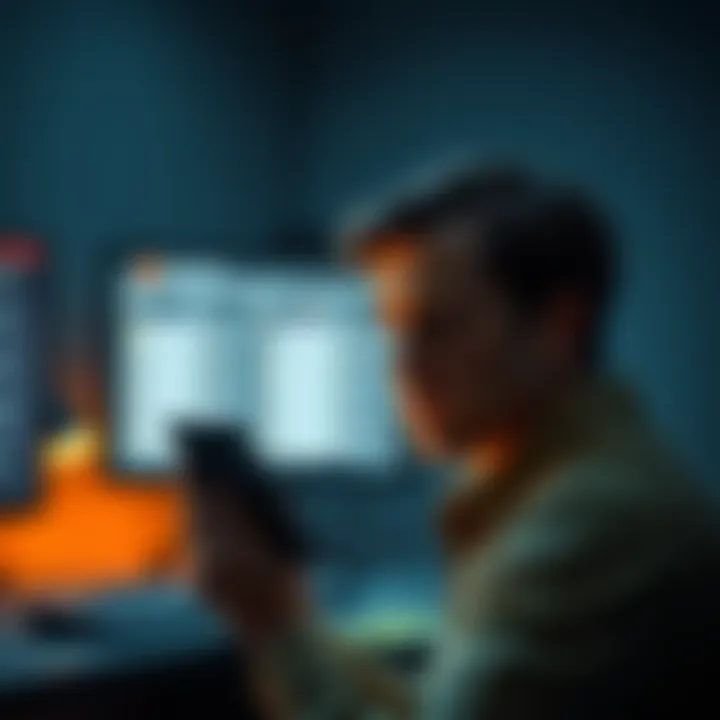 Coldcard User Concerned A concerned person looking at their Coldcard device with alarming emails on screen, showing anxiety about security breaches, in a dimly lit room.