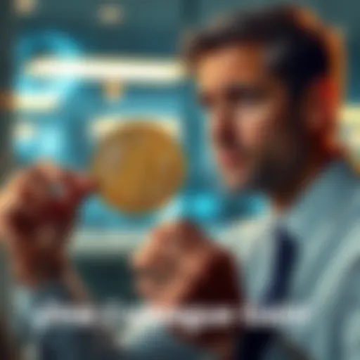 A man looks worried as he compares his small bitcoin amount to a colleague's full bitcoin, showing emotions of concern and investment anxiety.