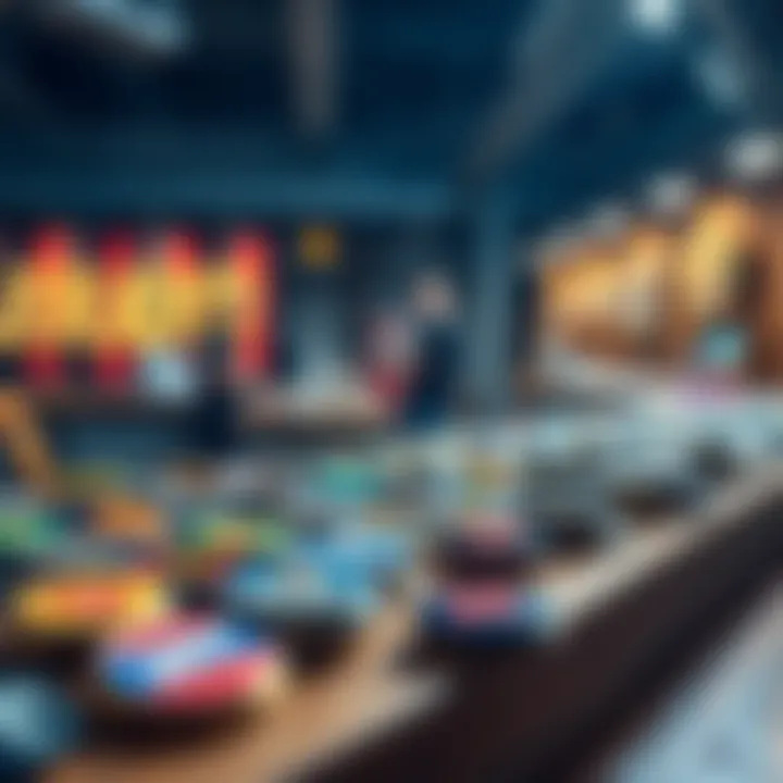 A colorful array of collectible badges displayed on a wooden table with a few people discussing them in the background.