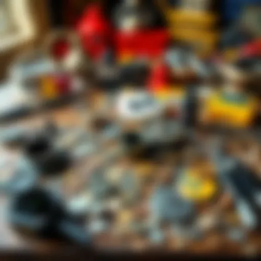 A collection of various collectibles including coins, toys, and vintage items spread out on a wooden table