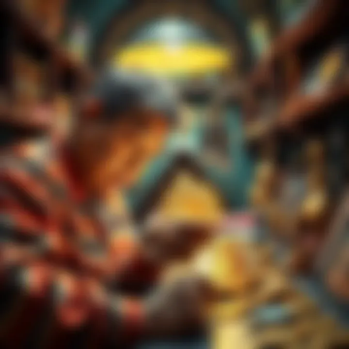 A passionate collector examining a rare rose golden bitcoin in a bright room filled with cryptocurrency memorabilia