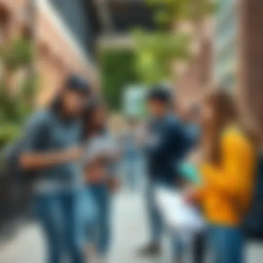 New students chatting and looking at orientation materials on a college campus