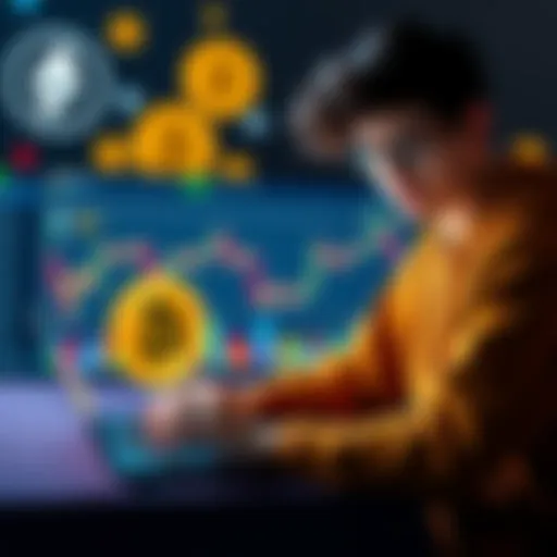 A college student analyzing cryptocurrency charts on a laptop with Bitcoin and Ethereum symbols in the background.