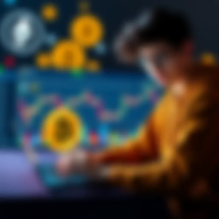A college student analyzing cryptocurrency charts on a laptop with Bitcoin and Ethereum symbols in the background.
