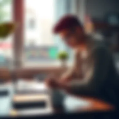 A college student looks at cryptocurrency charts on a laptop while taking notes. Books and a coffee cup are on the desk.