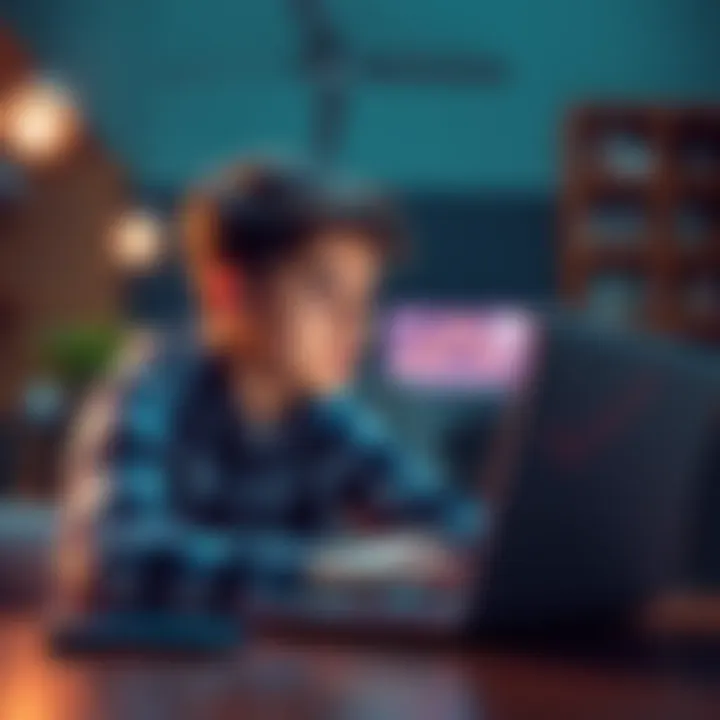 A young college student looking at a laptop with a graph of Dogecoin's value on the screen, pondering investment options.