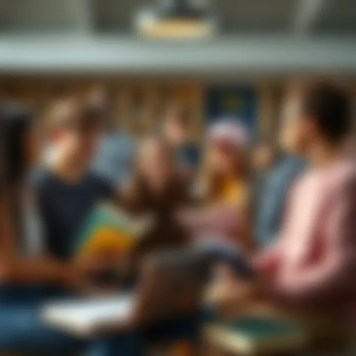A diverse group of college students engaging in a discussion about free speech on campus, with books and laptops around them.