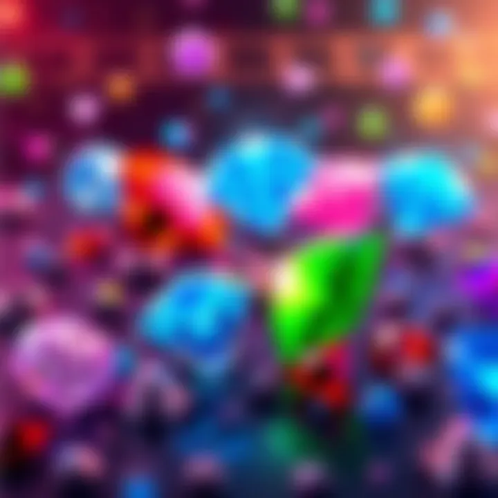 Colorful diamonds in a game setting with blue, red, green, and purple gems shining brightly
