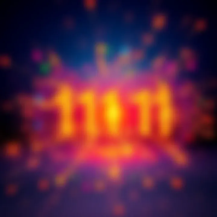 A bright and colorful representation of the number 111.11 with sparks and light effects, symbolizing curiosity and surprise.