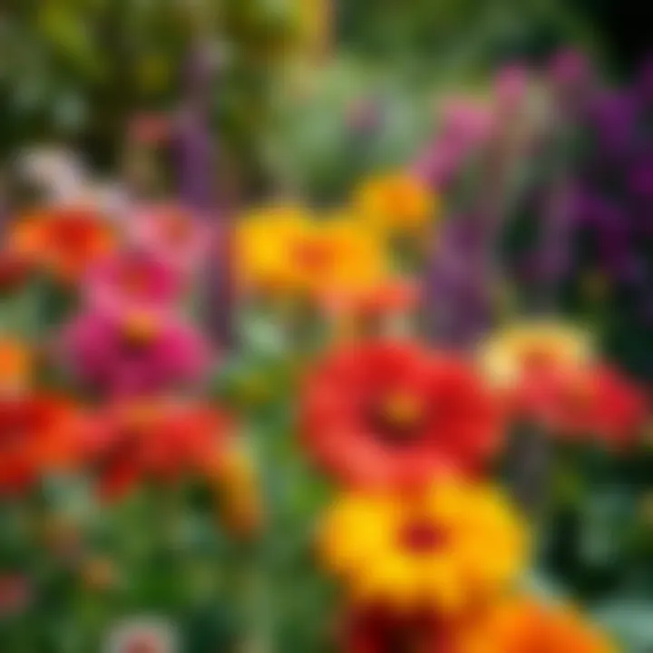 A vibrant display of various flowers blooming in a sunny garden, showcasing their beauty and colors.