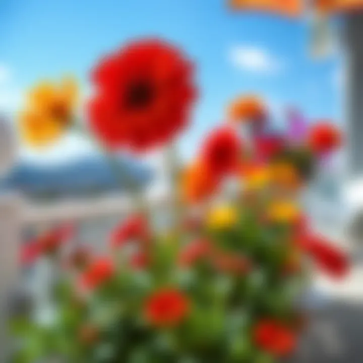 A close-up of blooming flowers in vibrant colors on a sunny terrace, showcasing nature's beauty and joy.