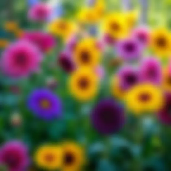 A variety of blooming flowers including dahlias, ranunculus, and sunflowers in a vibrant garden setting