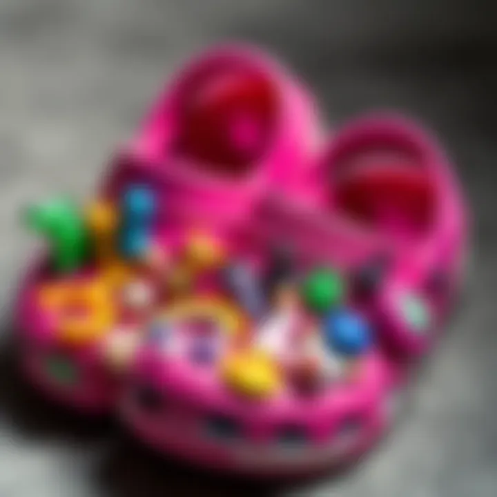 A pair of Crocs decorated with various colorful Jibbitz charms showcasing different themes and styles