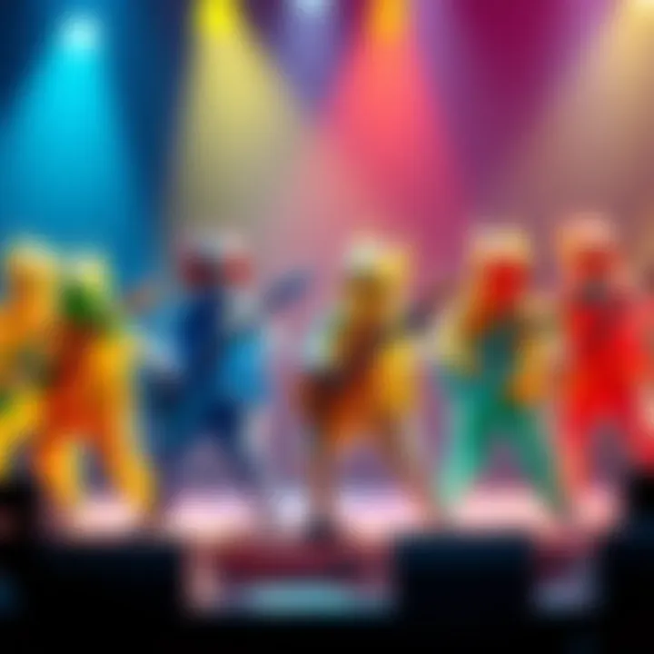 Eight origami-style musicians in vibrant colors perform together, showcasing unique artistic designs and a lively concert atmosphere.