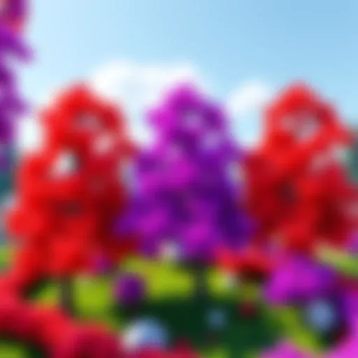 Red and purple parcel trees in a vibrant game landscape, showcasing their unique characteristics and variations.
