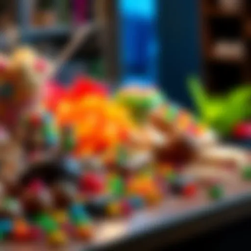 A vibrant display of various sweets, including candies, pastries, and chocolates, arranged on a table, showcasing their delightful colors and textures.