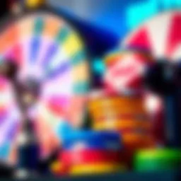 A close-up view of vibrant bid tokens stacked next to a spinning wheel, showcasing their various colors and designs.
