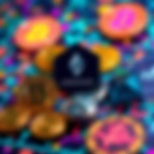 Various cryptocurrency symbols like Avalanche, BNB, and Ethereum represented in bright colors on a digital background