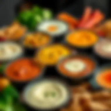 Colorful Dips in Bowls A variety of colorful dips in small bowls, surrounded by fresh vegetables and chips, perfect for a gathering.