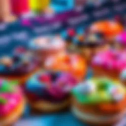 A variety of colorful and creatively topped donuts arranged on a table, enticing viewers with their unique flavors and designs.