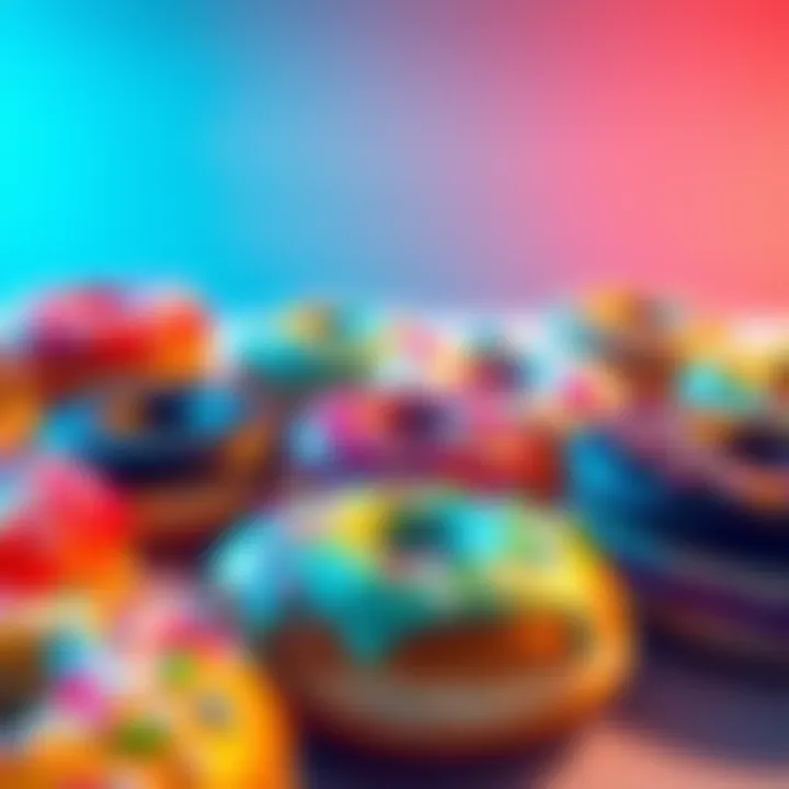 Colorful donuts on a table A variety of colorful donuts displayed on a table with sprinkles and icing, inviting discussion.