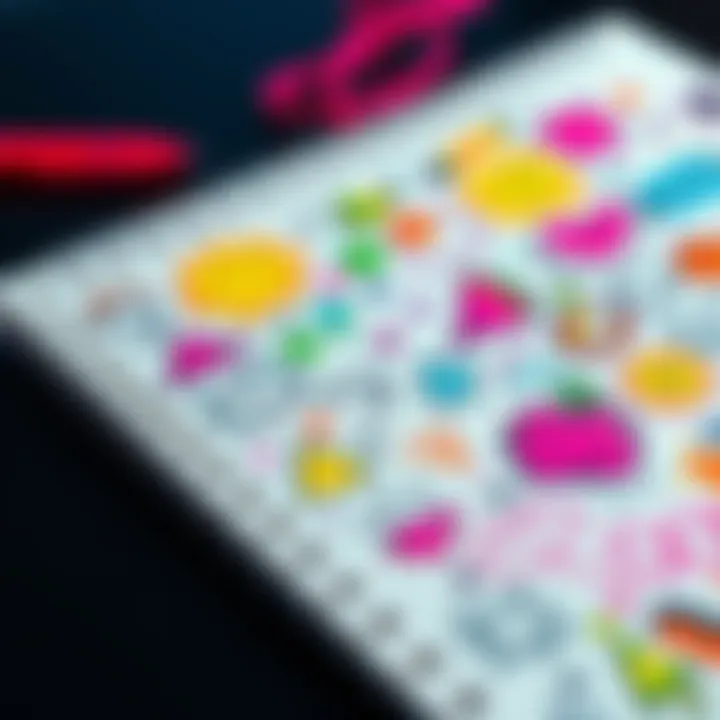 A notepad filled with vibrant doodles, showcasing various shapes and designs, illustrating the creative process.