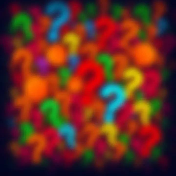 A vibrant, intricate pattern filled with question marks and thought bubbles, representing curiosity and discussion.