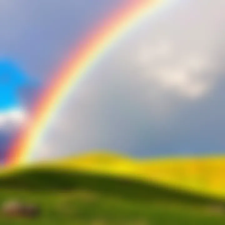 A vibrant rainbow arches over rolling green hills with a bright sky, representing the legend of treasures at the end of the rainbow.