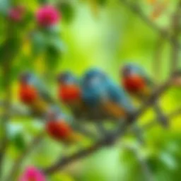 A group of colorful tits perched on branches in a lush green environment, showcasing their vibrant plumage. The birds are interacting with each other, symbolizing their role in nature.