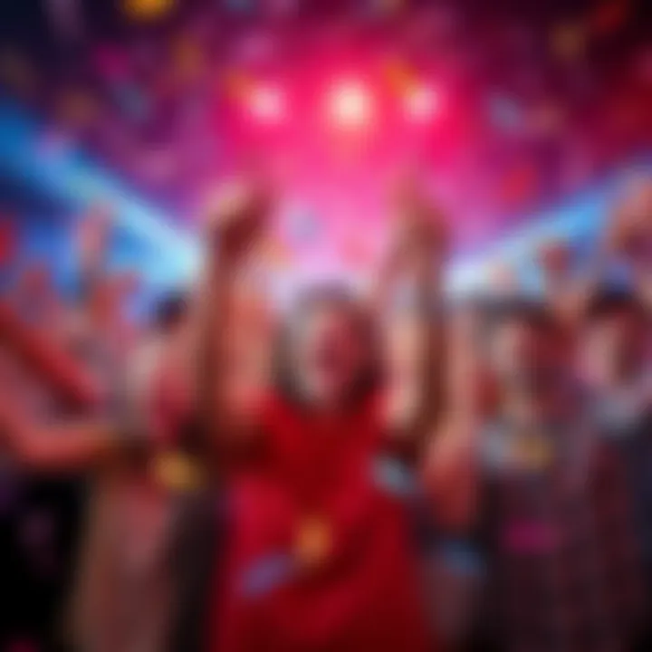 A vibrant group of people celebrating a major comeback with confetti and smiles, showcasing excitement and energy.