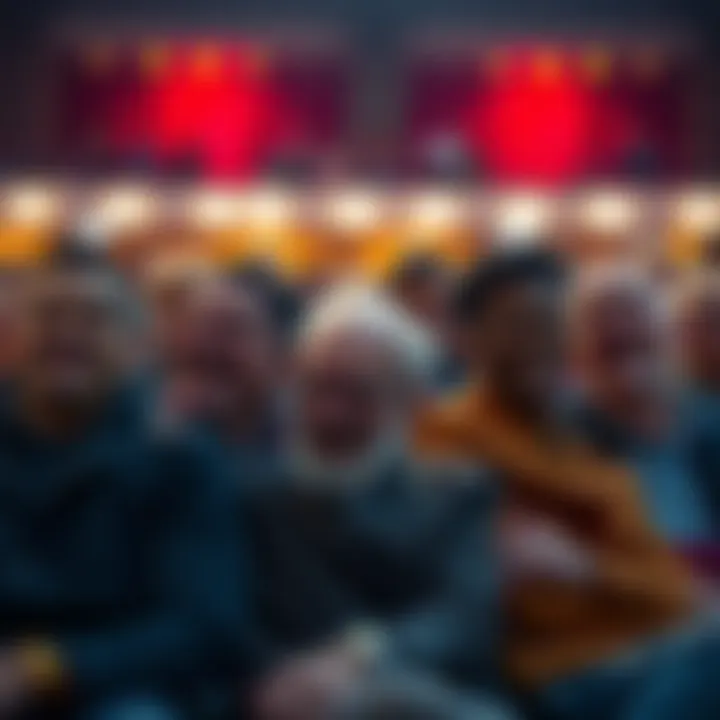 A diverse group of people is laughing together in a comedy show setting, but some still look unhappy or angry, highlighting mixed emotions in the audience.