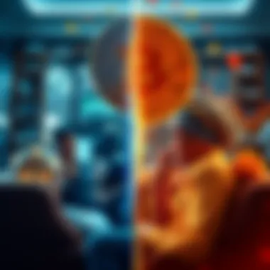 A split image showing comfortable people using traditional banking services on one side and Bitcoin symbols on the other, representing the contrast in financial systems.