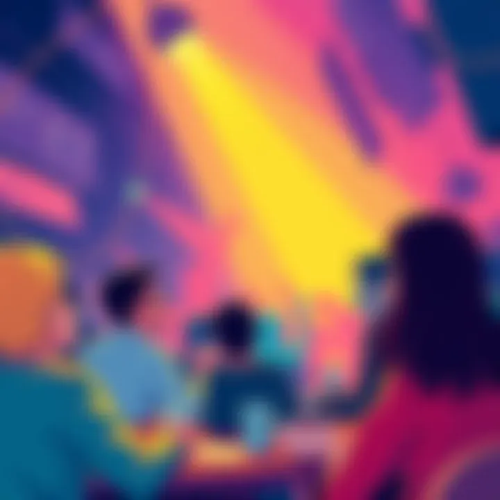 A dynamic illustration representing an online comment party with people engaging in lively discussion