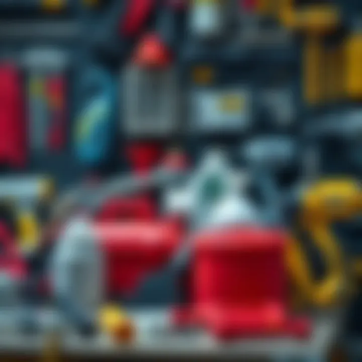 An assortment of commercial grade tools and materials used in various industries displayed together.