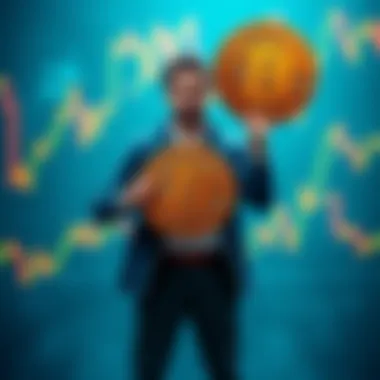 Commitment to Bitcoin An investor confidently holding a Bitcoin sign while standing amidst fluctuating market graphs, symbolizing dedication to HODL strategy.