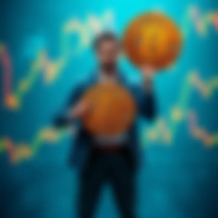 Commitment to Bitcoin An investor confidently holding a Bitcoin sign while standing amidst fluctuating market graphs, symbolizing dedication to HODL strategy.