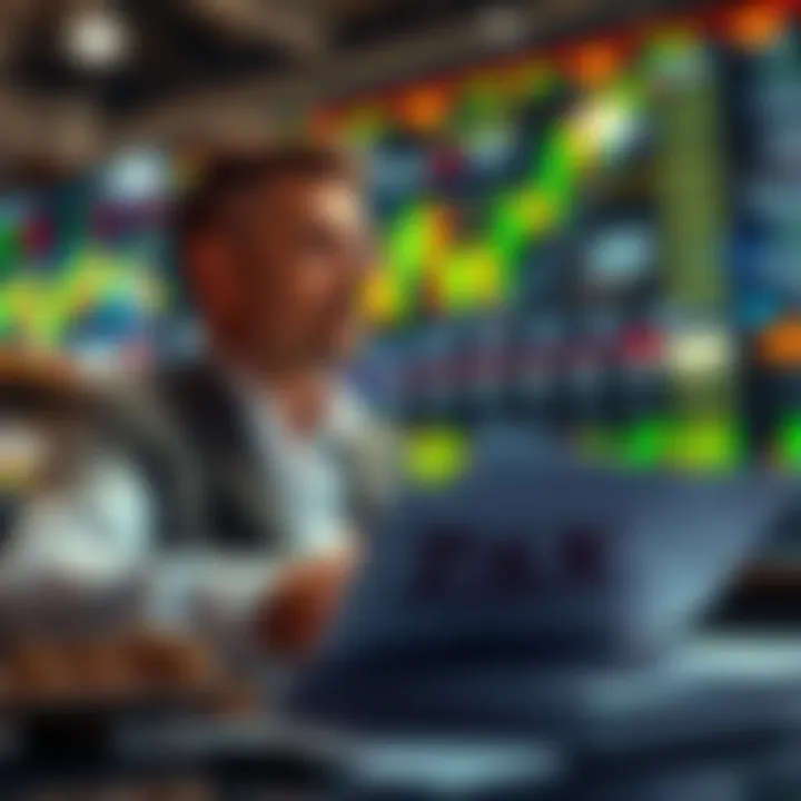 Conceptual image showing an investor looking at a stock market chart with commodities symbols and tax paperwork in the foreground