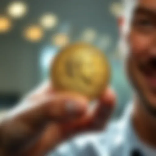 A person holds a shiny Commodus coin, showing its detailed design and finish, with a satisfied expression on their face, symbolizing quick shipping satisfaction.
