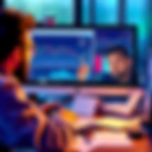 A beginner trader looking at charts on a computer screen, with confused expressions and notes scattered around.