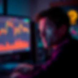 A beginner looking confused in front of a computer showing Bitcoin trading graphs and warnings about mistakes.