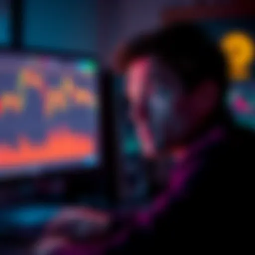 A beginner looking confused in front of a computer showing Bitcoin trading graphs and warnings about mistakes.